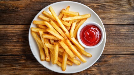 Golden french fries  ketchup on a warm wooden table