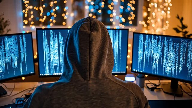 Hacker in Hoodie Working on Multiple Monitors with Digital Code and Christmas Lights

