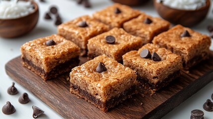 Fototapeta premium Delicious coconut chocolate chip dessert bars on wooden board.