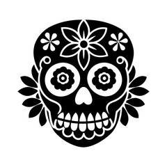 Cartoon skull with flowers design, tribal tattoo style, cute and evil smile, Halloween horror illustration with teeth and skeleton details