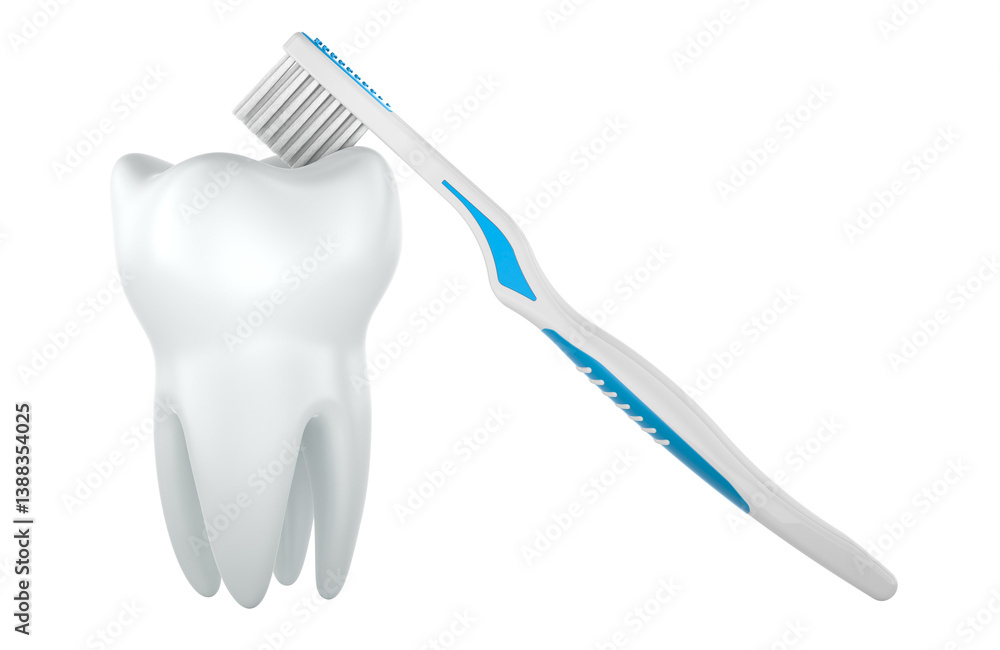 Poster tooth and toothbrush, 3d rendering isolated on transparent background