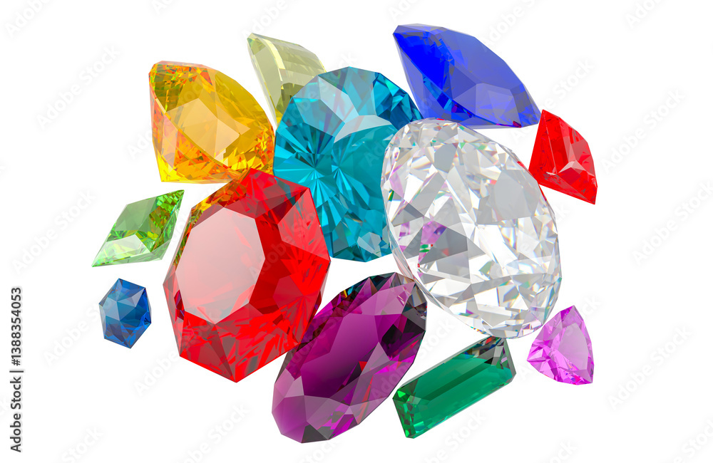 Poster set of colorful gemstones, 3d rendering isolated on transparent background