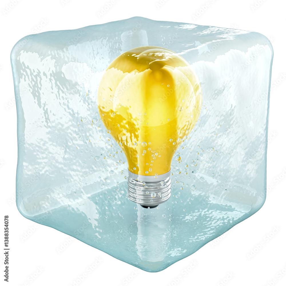 Poster yellow lightbulb frozen in ice cube, 3d rendering isolated on transparent background