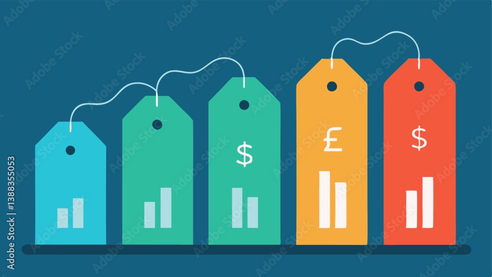 Poster consumer goods price tags rows of price tags with increasing prices on one side labeled inflation an