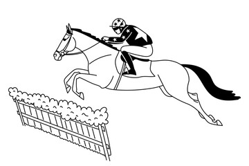 Horse and jockey jumping over a hurdle in a stylized black and white illustration