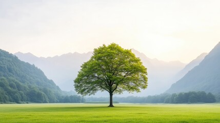 A single, lush green tree stands in a vibrant field. Mountains form a hazy backdrop. The image is high-resolution with soft, natural lighting. Its serene and peaceful, using calming greens and blue