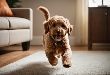 goldendoodle dog playing happy in interiors of a cozy apartment, doggy running at home in a warm apartment, pet inside a room of the house
