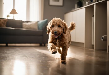 Obraz na płótnie Canvas goldendoodle dog playing happy in interiors of a cozy apartment, doggy running at home in a warm apartment, pet inside a room of the house