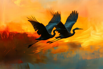 Obraz premium Two Birds Flying Against A Colorful Painted Sky Background