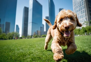 Fototapeta premium goldendoodle dog running happy on the green grass meadown of a urban park, in a modern city, under blue sky, adorable puppy playing outdoors, pet between the skyscrapers