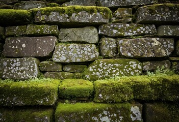 A stone wall covered in moss and lichen.