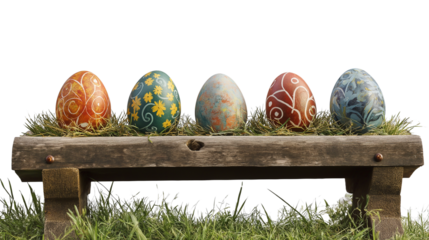 Five painted easter eggs celebrating a Happy Easter with a rustic wooden bench & green meadow grass to place products in front of with a transparent background 