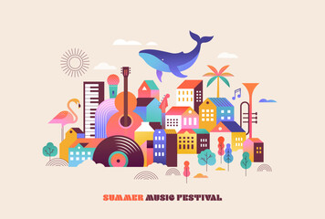Colorful geometric summer music festival background, poster, banner. Summer time fun concept design promotion design. Vector illustration