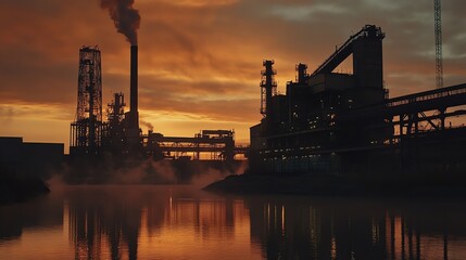 Industrial Plant Silhouette Reflecting in Water at Sunset with Orange Sky