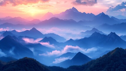 Fototapeta premium A scenic mountain view bathed in the soft hues of a lo-fi sunset, layers of misty peaks fading into a dreamy gradient sky,