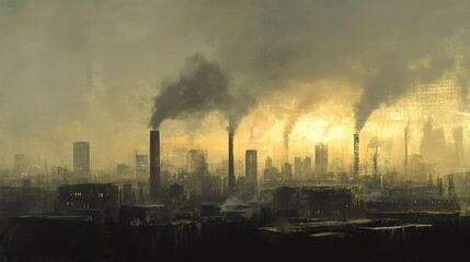 Fototapeta premium Industrial Cityscape with Factories Emitting Smoke Air Pollution Illustration