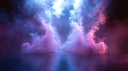 Surreal Ocean Landscape with Colorful Mist Rising from the Water, Creating a Mystical Atmosphere with Bold Blue and Pink Hues