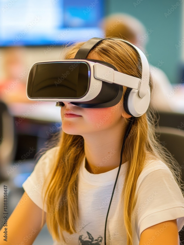 Aufkleber student explores immersive learning through virtual reality technology in a modern classroom setting