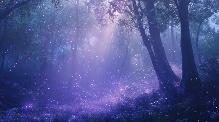 Enchanted Forest Bathed in a Lavender Glow with Sparkling Lights, Evoking a Mystical and Serene Atmosphere