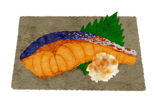鮭の塩焼きの水彩イラスト
