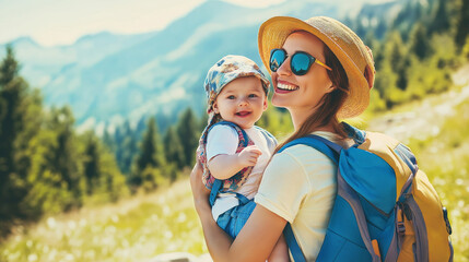 Mother traveling with infant baby in mountains family mom and child having fun hiking outdoor together healthy lifestyle active summer vacations candid emotions, Mothers day holiday