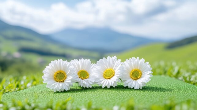 Four white daisies with yellow centers rest on a green surface. They are arranged in a row, creating a simple composition. The background is a softly blurred landscape of rolling green hills under a