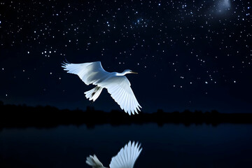 Obraz premium A solitary white bird soars under a dark starry night sky