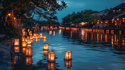 Floating lanterns over a quiet river at night, reflecting beautifully on the calm water.