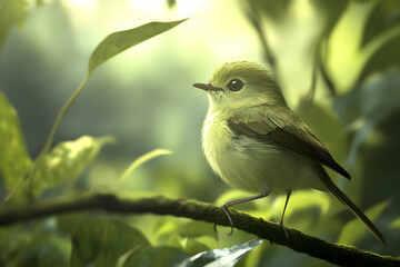 Obraz premium A small green bird perched peacefully upon a mossy branch