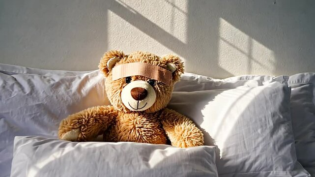 Teddy bear with head bandage, nestled in pillows, soft sunlight streaming