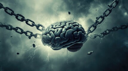 Lightning Strikes Surrounding a Brain Suspended by Chains, Illustrating the Clash Between Rationality and Emotional Chaos