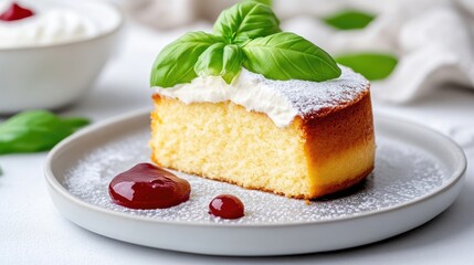 Slice of cake with whipped cream and jam