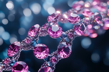 Pink crystal gems and rhinestones on dark blue bokeh background, luxury jewelry macro photography with soft focus sparkle effect and decorative elements.