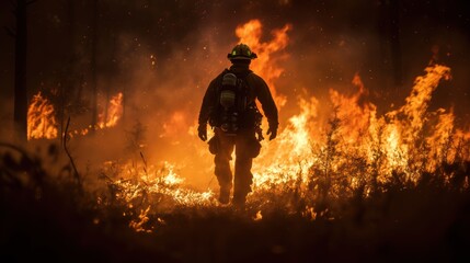 Fototapeta premium Firefighter fighting extinguishing wild fire in forest.