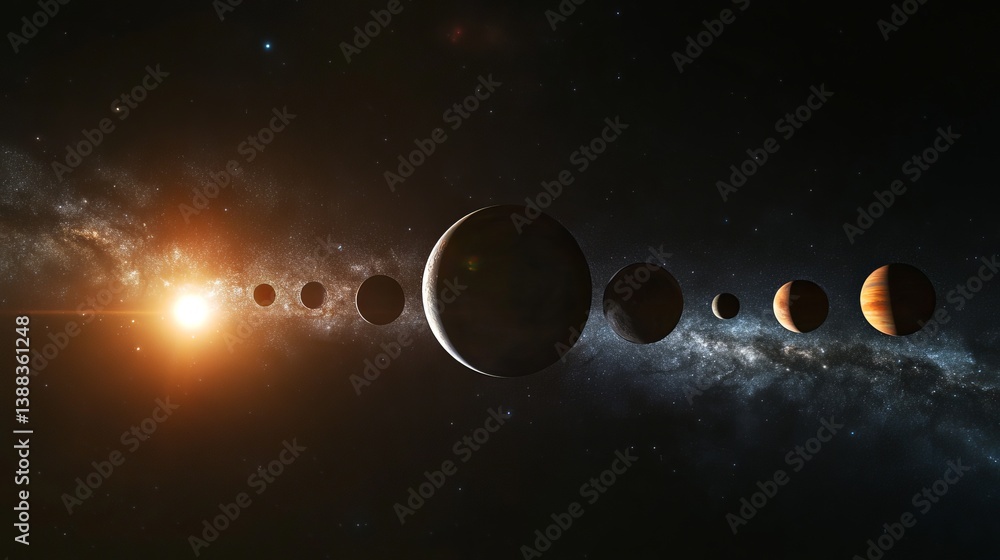 Wall mural a view of multiple planets aligned in space with a bright star and galaxy background visible