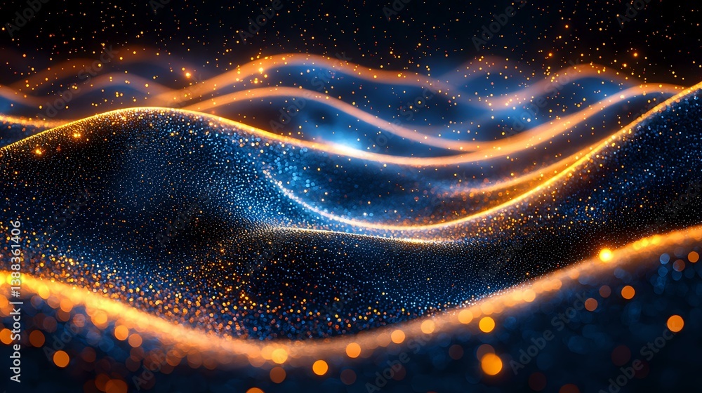 Poster abstract glowing waves with orange and blue light trails against dark background, sparkling particle