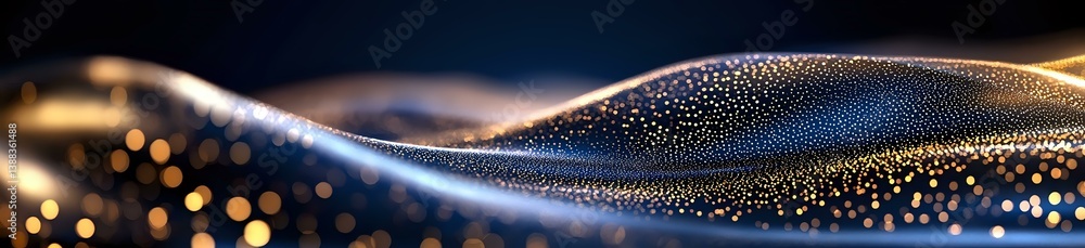 Poster flowing abstract wave of glowing particles on dark background creates dynamic motion effect with gol