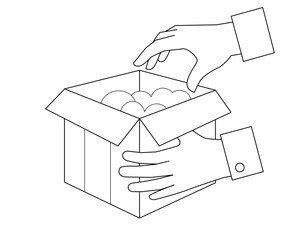 Cardboard box sealed with tape, parcel in hands - vector linear picture for coloring. Outline. Packaging, box in human hands, receiving parcel.