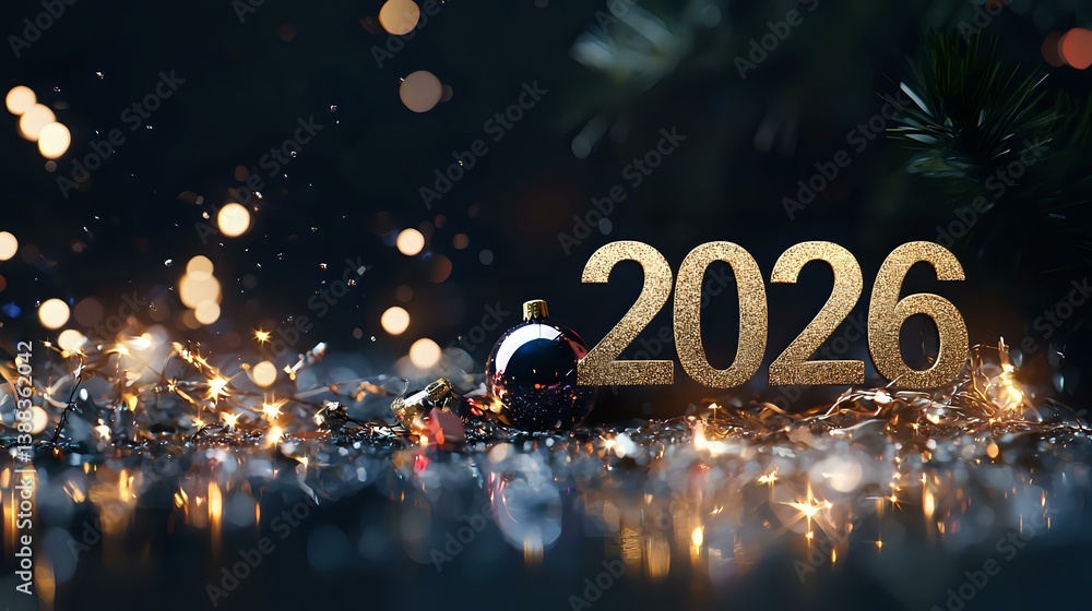 Poster glittering golden 2026 numbers with christmas ornaments and bokeh lights on dark background creating