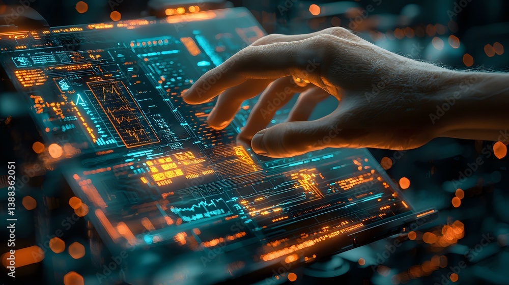 Poster female hand touching futuristic digital interface with glowing orange elements against dark backgrou