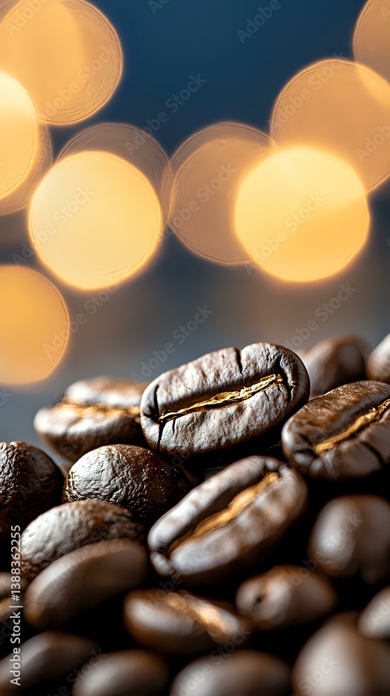 Poster roasted coffee beans macro shot with warm bokeh lights in background, shallow depth of field highlig