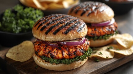 Two grilled chicken burgers with red onion, kale, and tortilla chips.