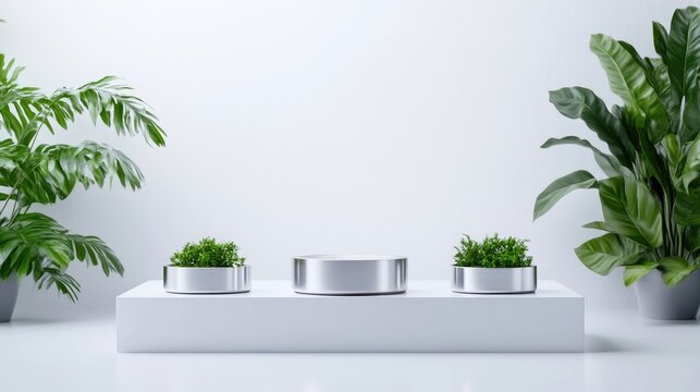 Three metallic cylindrical planters, holding small green plants, sit atop a white platform. Flanking the display are large potted leafy plants. The image is digitally rendered with high quality, exhib