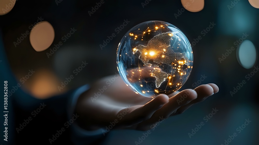 Poster crystal ball floating over palm shows glowing city lights and reflections against dark background wi