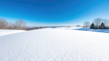 Snow Covered Landscape Winter Trees Vibrant Blue Sky High Resolution Wide Angle View Undulating Terrain Peaceful Serenity Ideal for Winter Travel Brochures