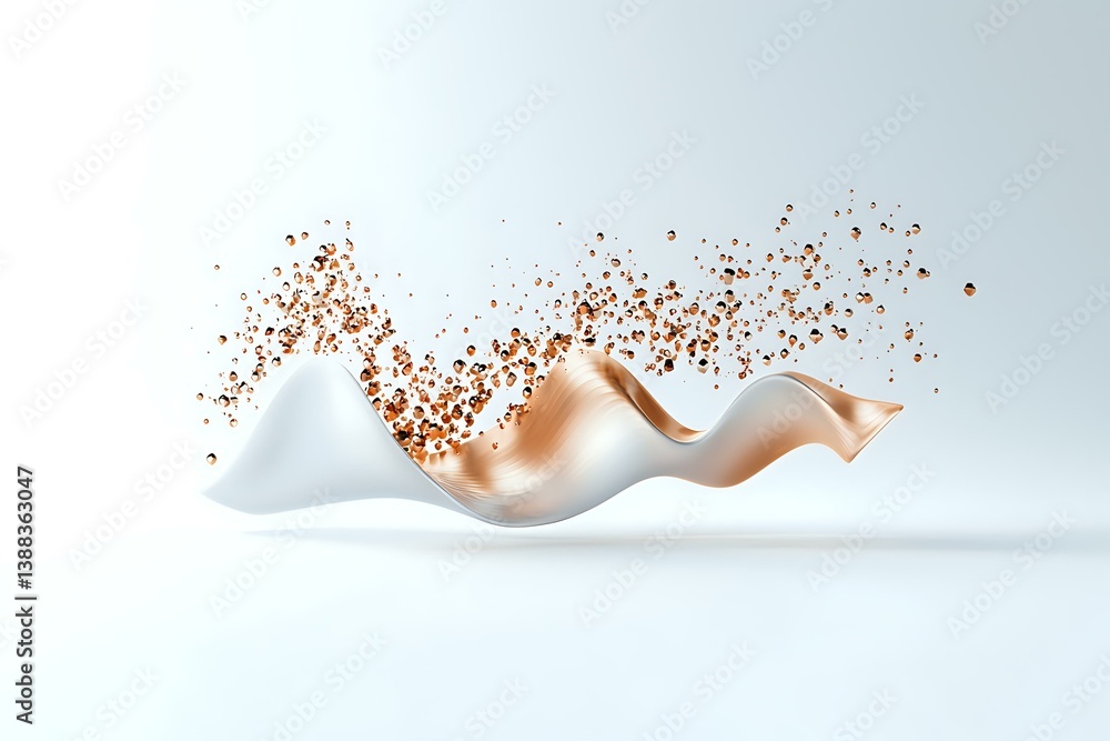 Poster flowing white silk fabric with scattered rose gold particles creating dynamic motion effect against 
