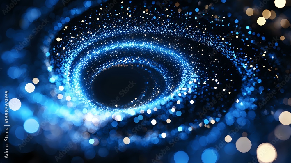 Poster glowing spiral of luminous particles forming cosmic vortex against dark background with bokeh lights