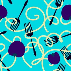 Cartoon fork and pasta seamless pattern for wrapping paper and fabrics and kids clothes print and menu