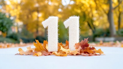 Fluffy white numerals 11 rest on autumn leaves. The numbers are prominently featured against a blurred background of yellow and orange fall foliage. The image is high-quality, with soft lighting. It
