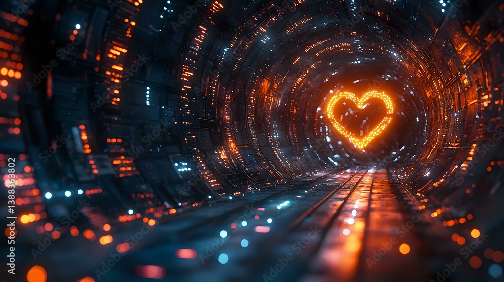 Poster glowing heart shape in futuristic tunnel with orange and blue lights creating dynamic perspective. d
